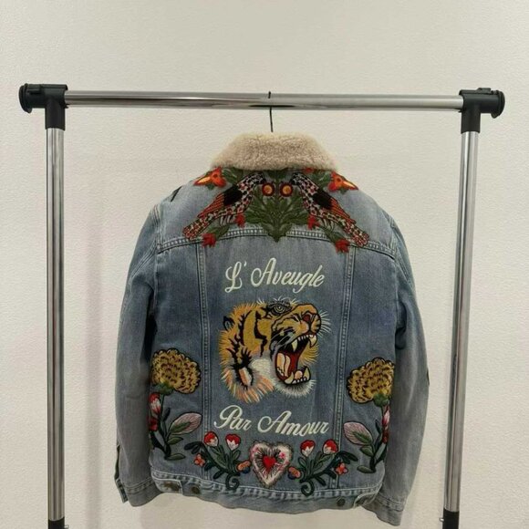 NWT Authentic Gucci Gucci Shearling-Lined Embroidered Denim Jacket - Picture 2 of 5